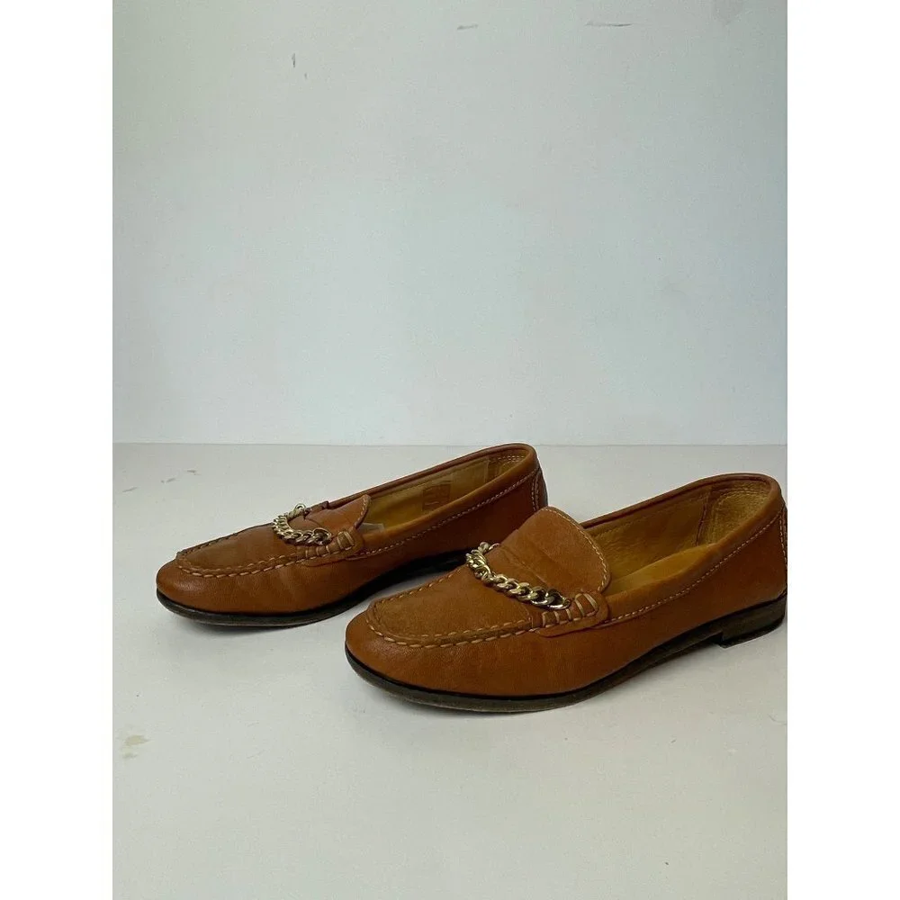 Sandro Brown Saddle Leather‎ Chain Detail Loafers Size US 6 Luxury Designer